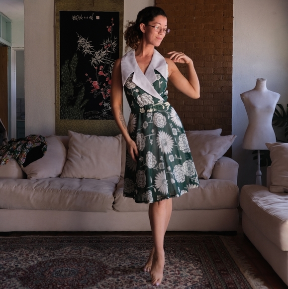 Vintage Jan Sue Of California Green Floral 1950s Collared Dress - Picture 10 of 10